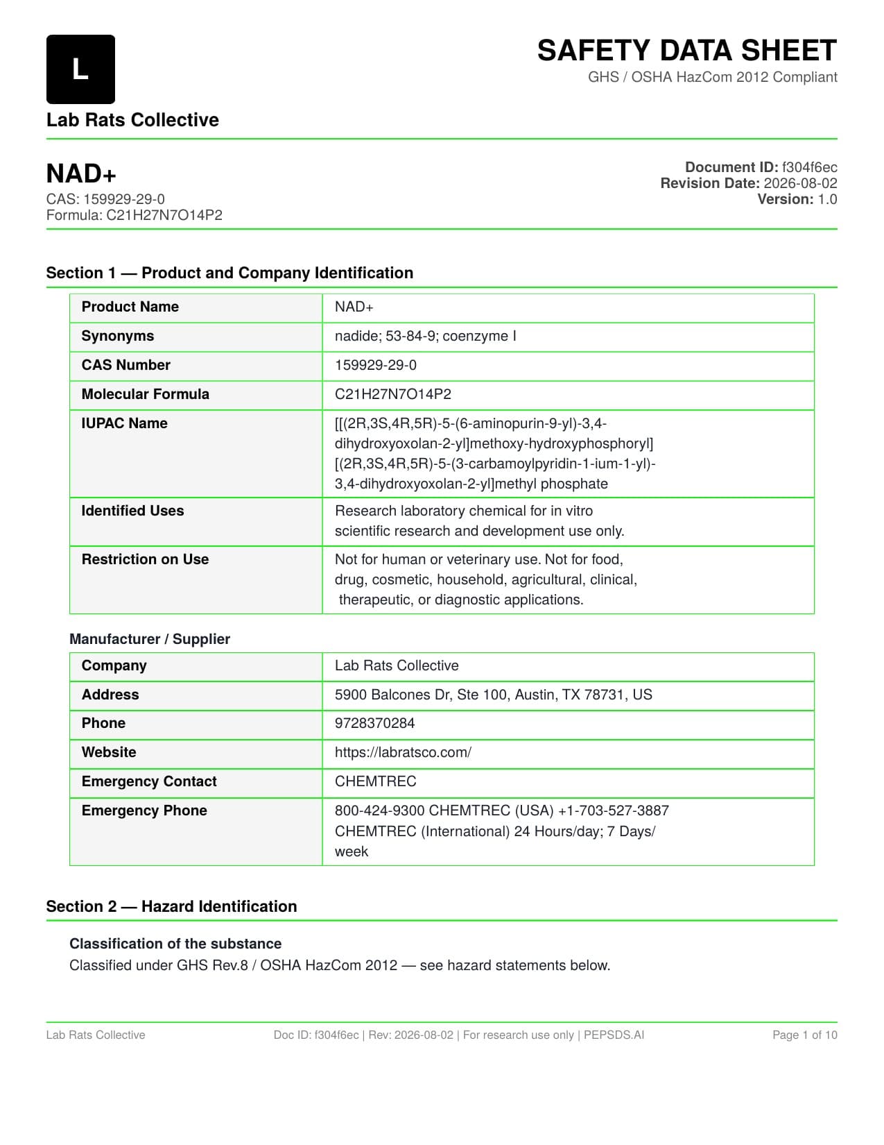 NAD+ Spray 1000MG Safety Data Sheet